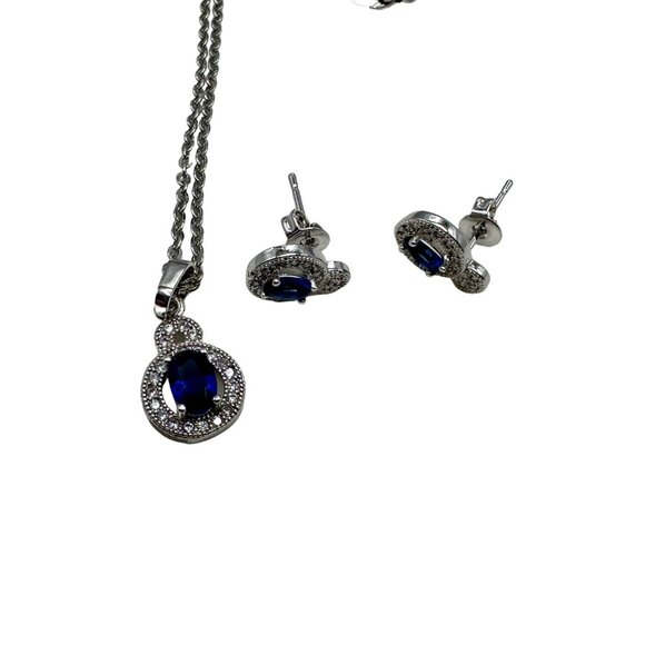 Stauer Angel Eyes Set Necklace & Earrings Stud Silver Tone Blue Vintage Style - Picture 3 of 16